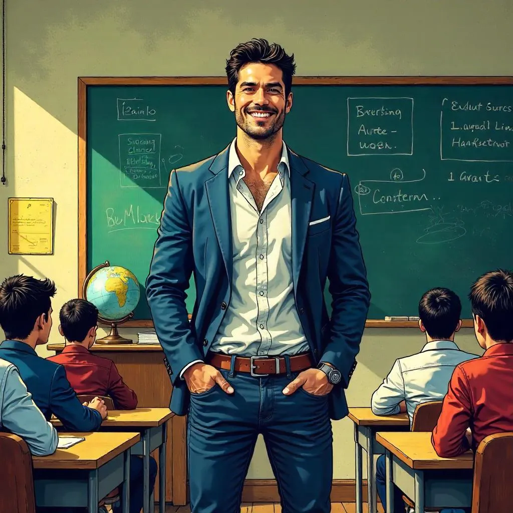 Handsome Latino Hero in a Comic Classroom