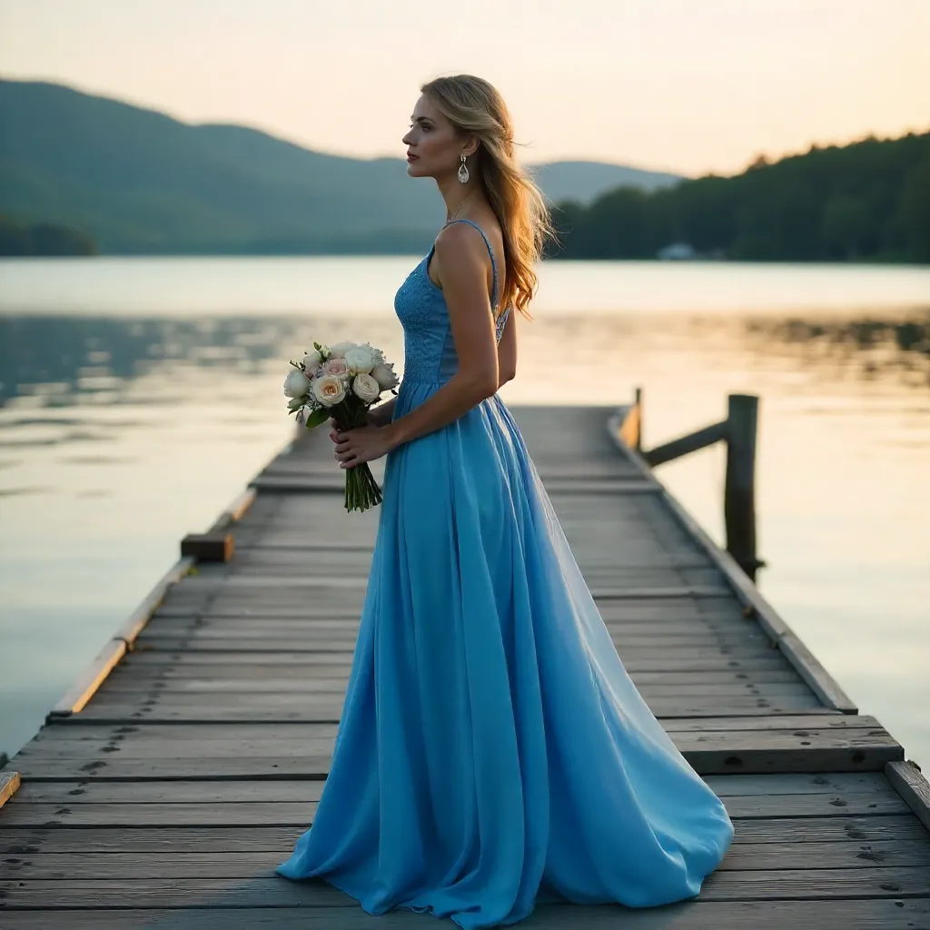 Elegant Woman on a Lake Pier in a Flowing Blue Dress