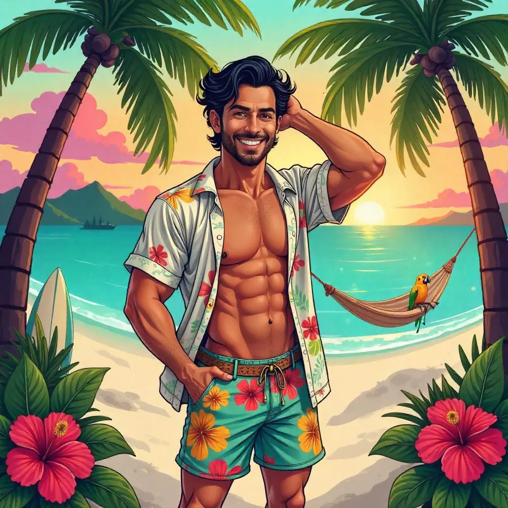Handsome Latino Man in a Cartoon Tropical Paradise