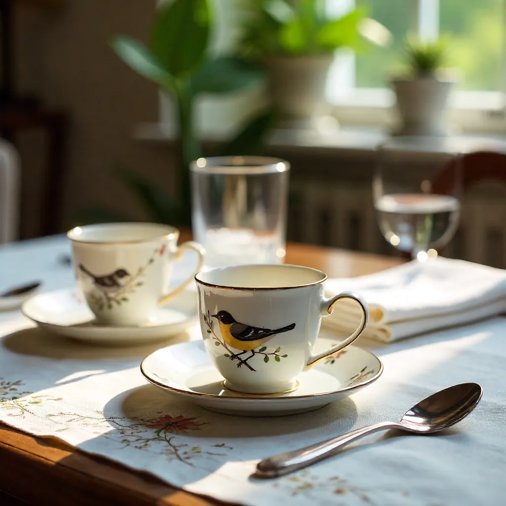 Bird-Motif Coffee Cups on an Elegant Table