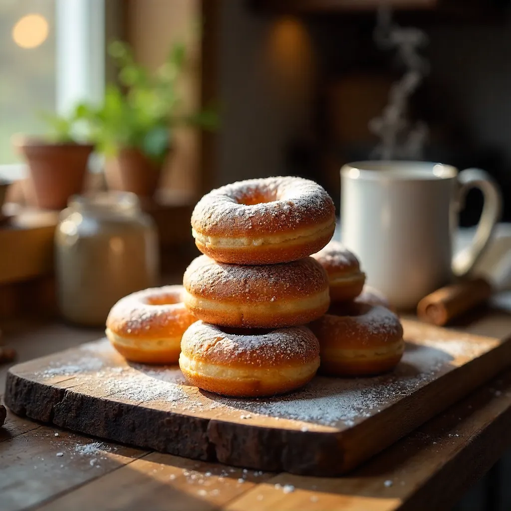 Cozy Kitchen Donuts on a Rustic Wood Board