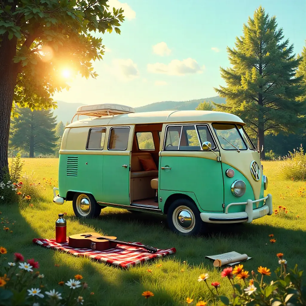 Sunlit Vintage Camper in Green Meadow