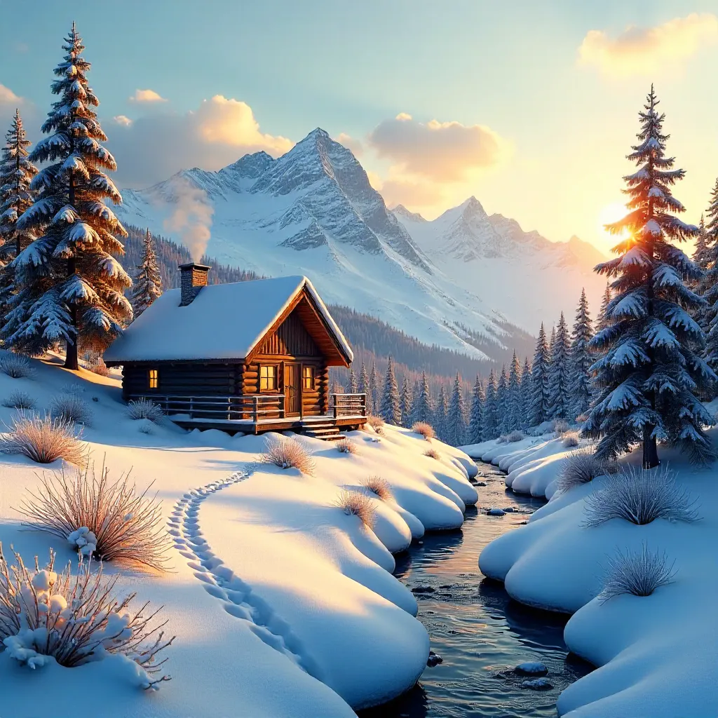 Idyllic Winter Cabin Among Snowy Peaks