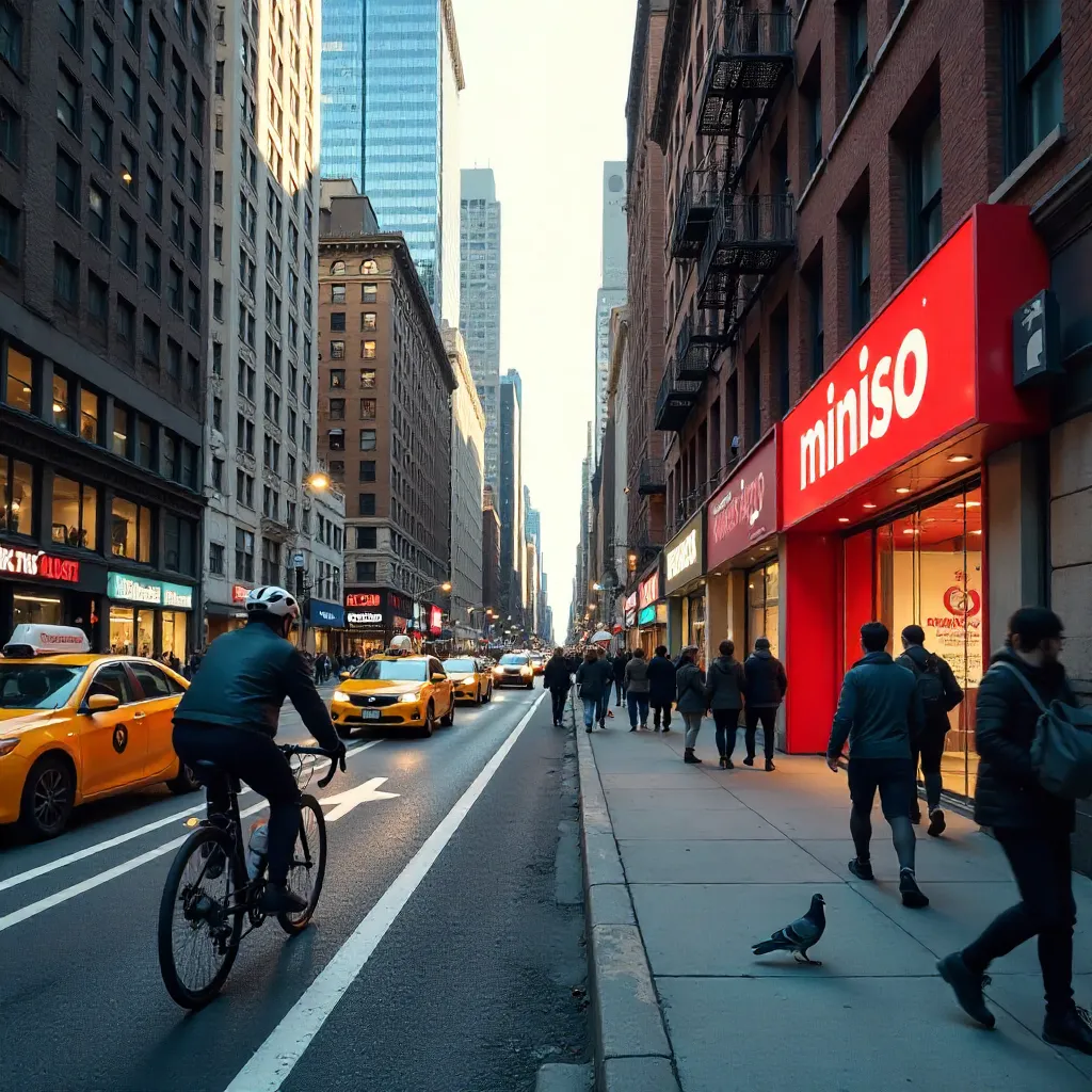 Dynamic NYC Street: Cyclist by Miniso Store