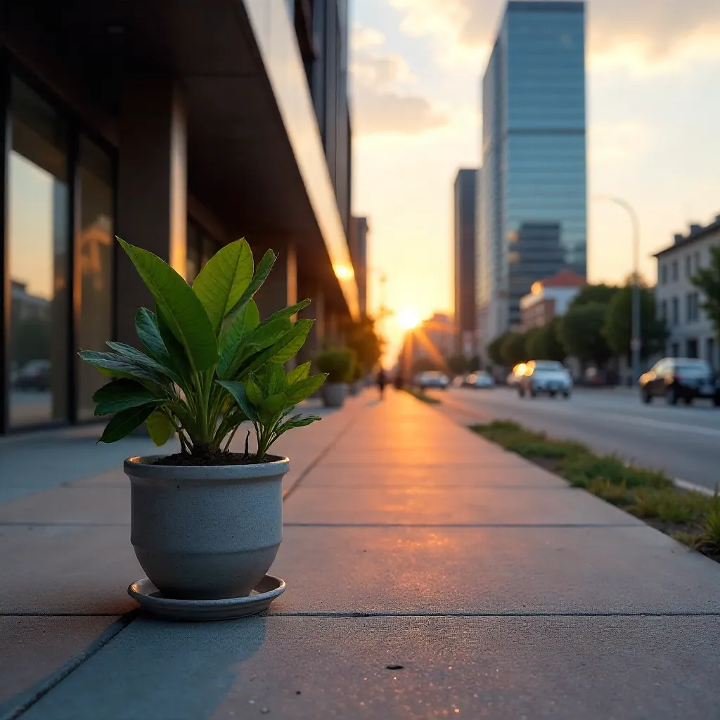 Potted Plant Before Geometric Facade at Sunset