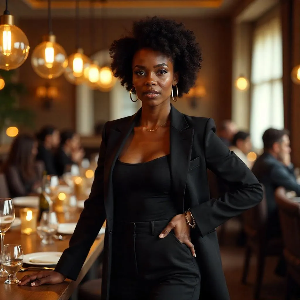 Confident Black Woman in a 3D Restaurant