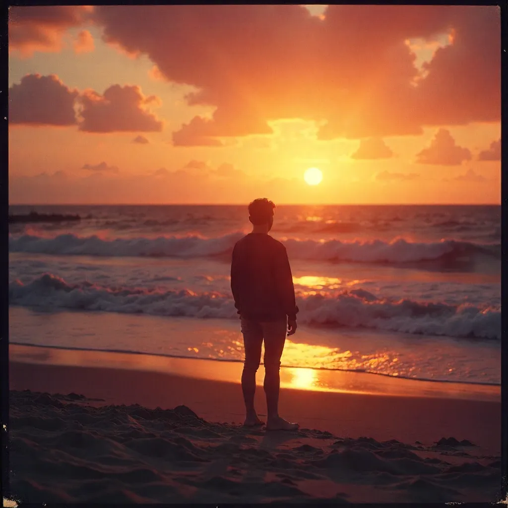 Vintage Beach Sunset Silhouette
