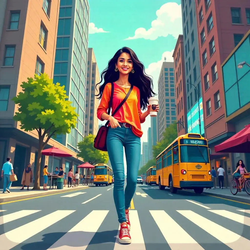 Cartoon Portrait: Indian Woman in Downtown