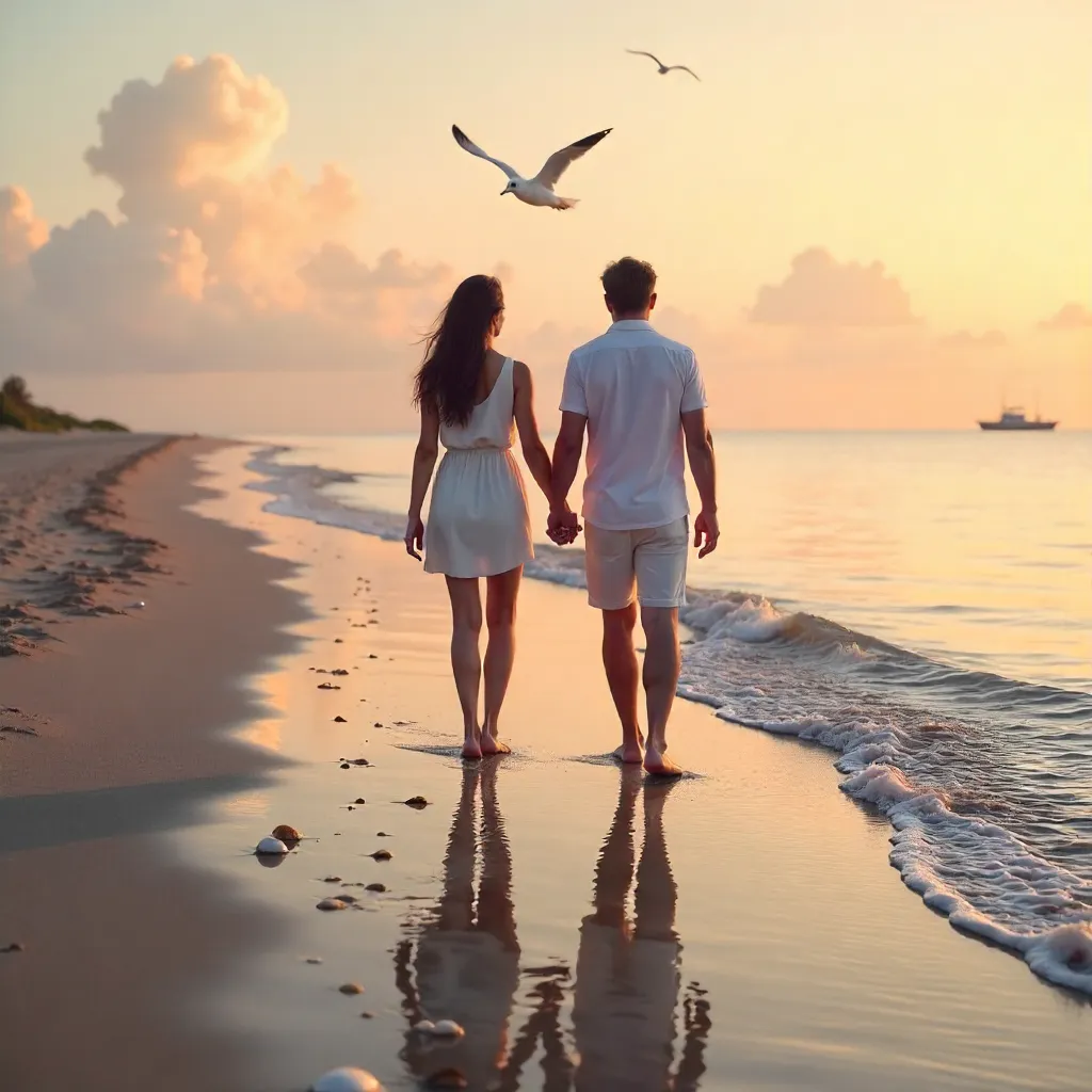 Golden Hour Beach Walk: A Serene Couple Moment