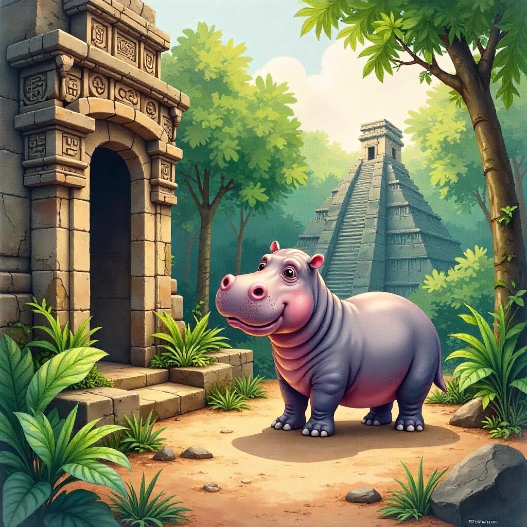 Watercolor Hippo Amid Mayan Ruins