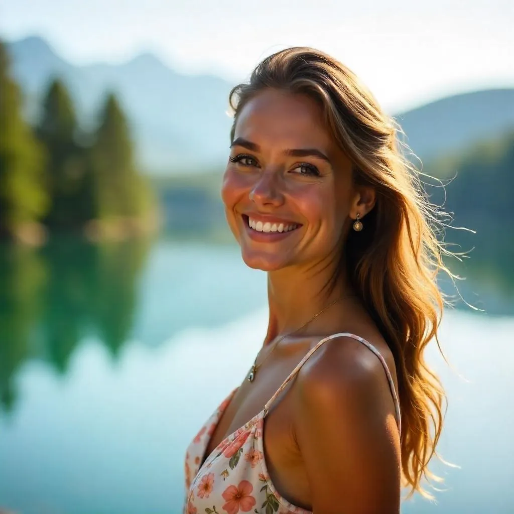 Cheerful young woman by a tranquil lake