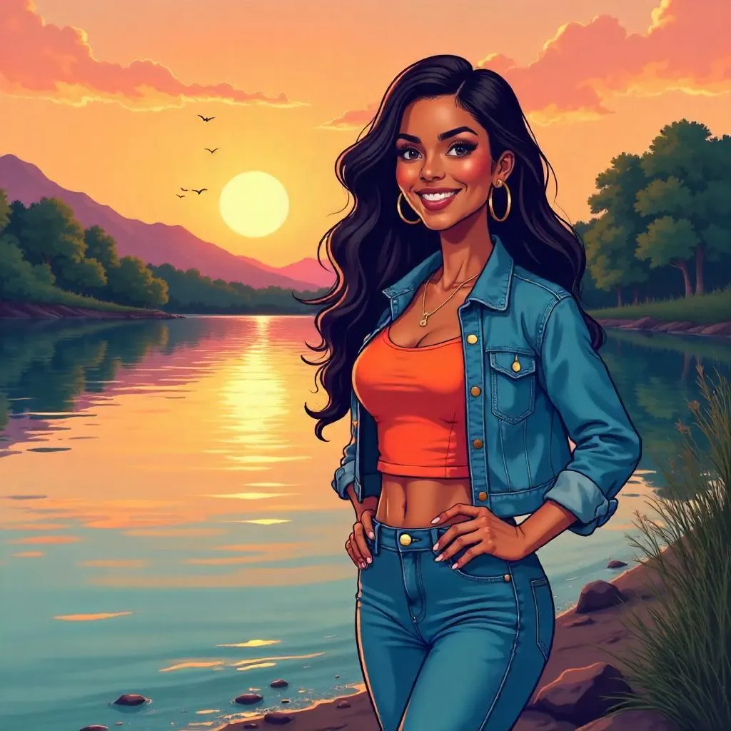 Confident Latina by the Lake: Cartoon Portrait