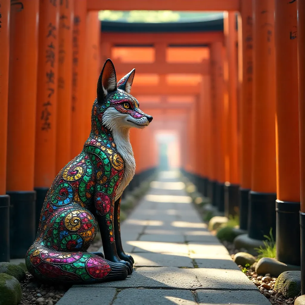 Colorful Kitsune Among Kyoto Torii Gates