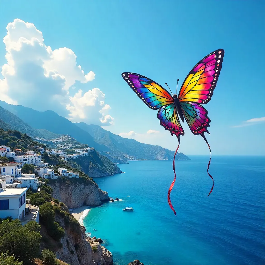 Butterfly Kite over Corfu's Deep Blue Sky