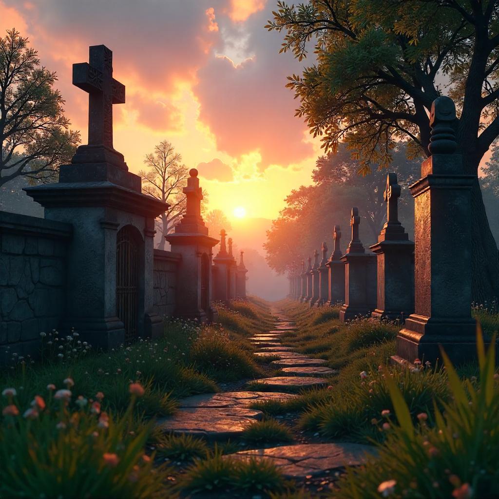 Sunset 3D Graveyard Rendering at Dusk