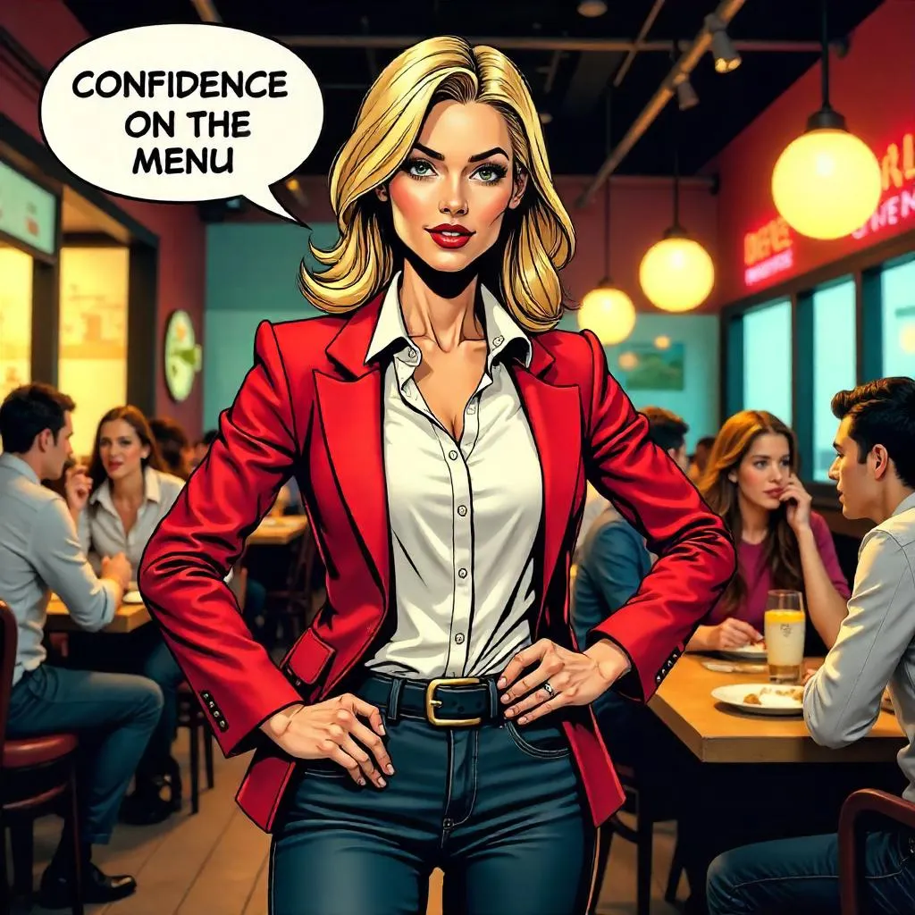 Confident White Woman in a Neon Comic Diner