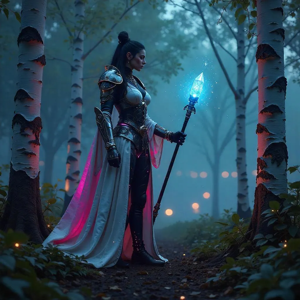 Neon-Wreathed Sorceress in a Birch Forest