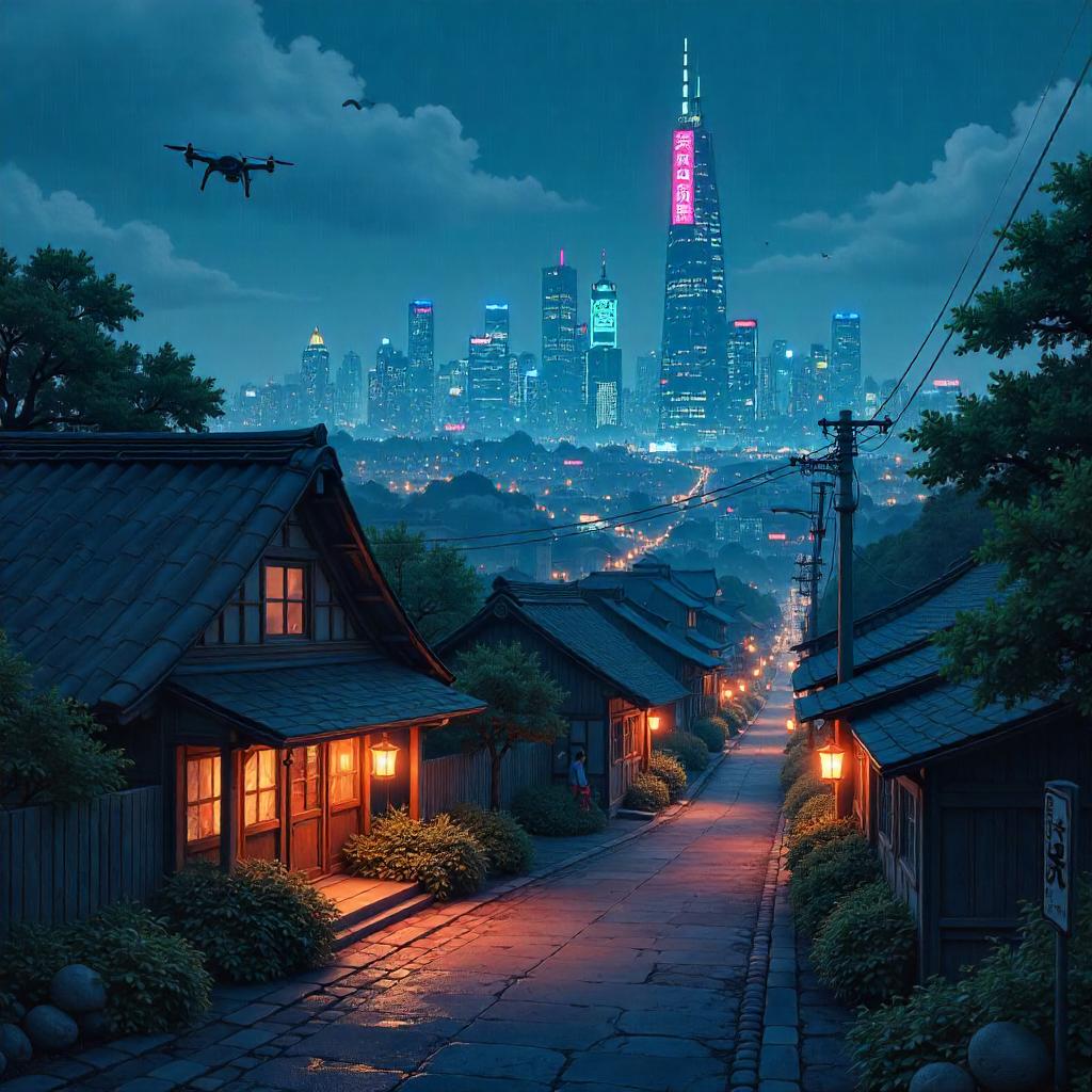 Neon Village in a Cyberpunk City