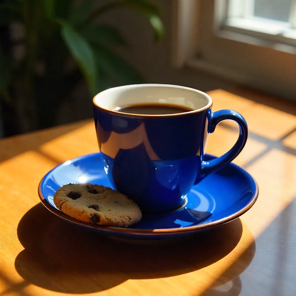 Sunlit Blue Cup and Cookie on Plate