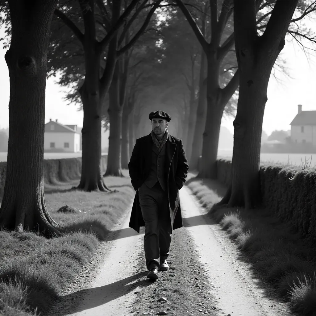 Monochrome Stroll: Beret in a French Tree-Lined Lane