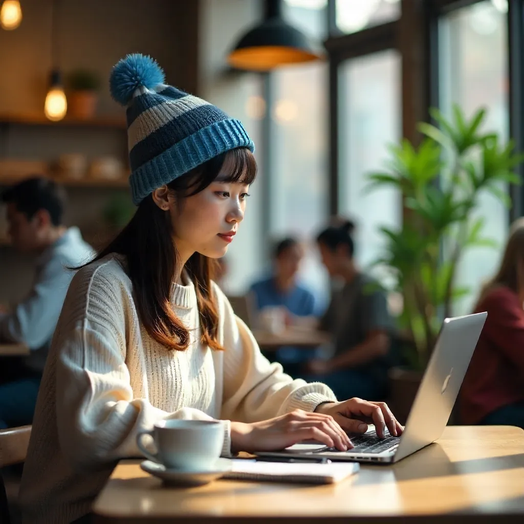 Young Asian Student in Striped Beanie at Cafe