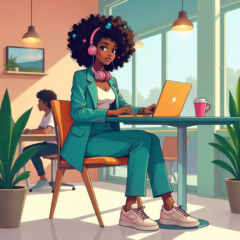 Anime Style Black Girl in a Trendy Coworking Space