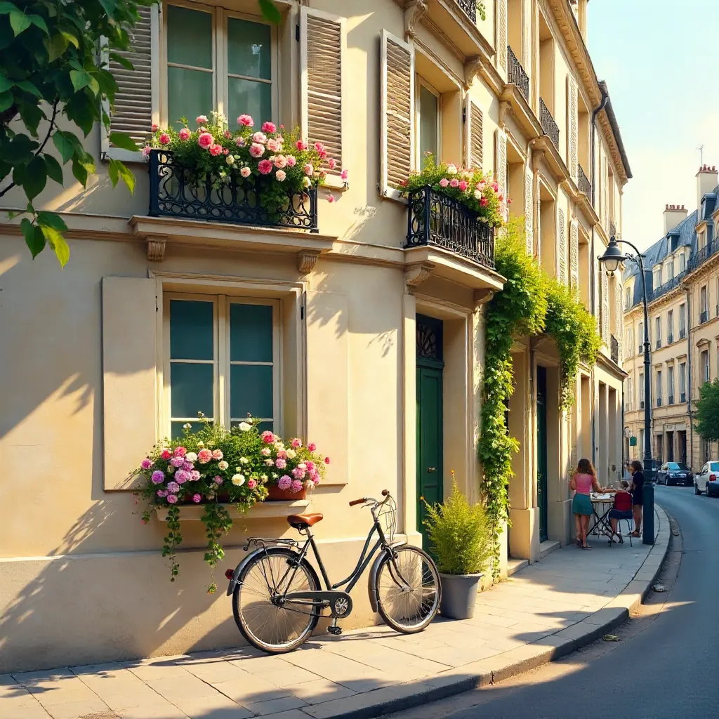 Timeless Parisian Street Corner with Bicycle and Blooms