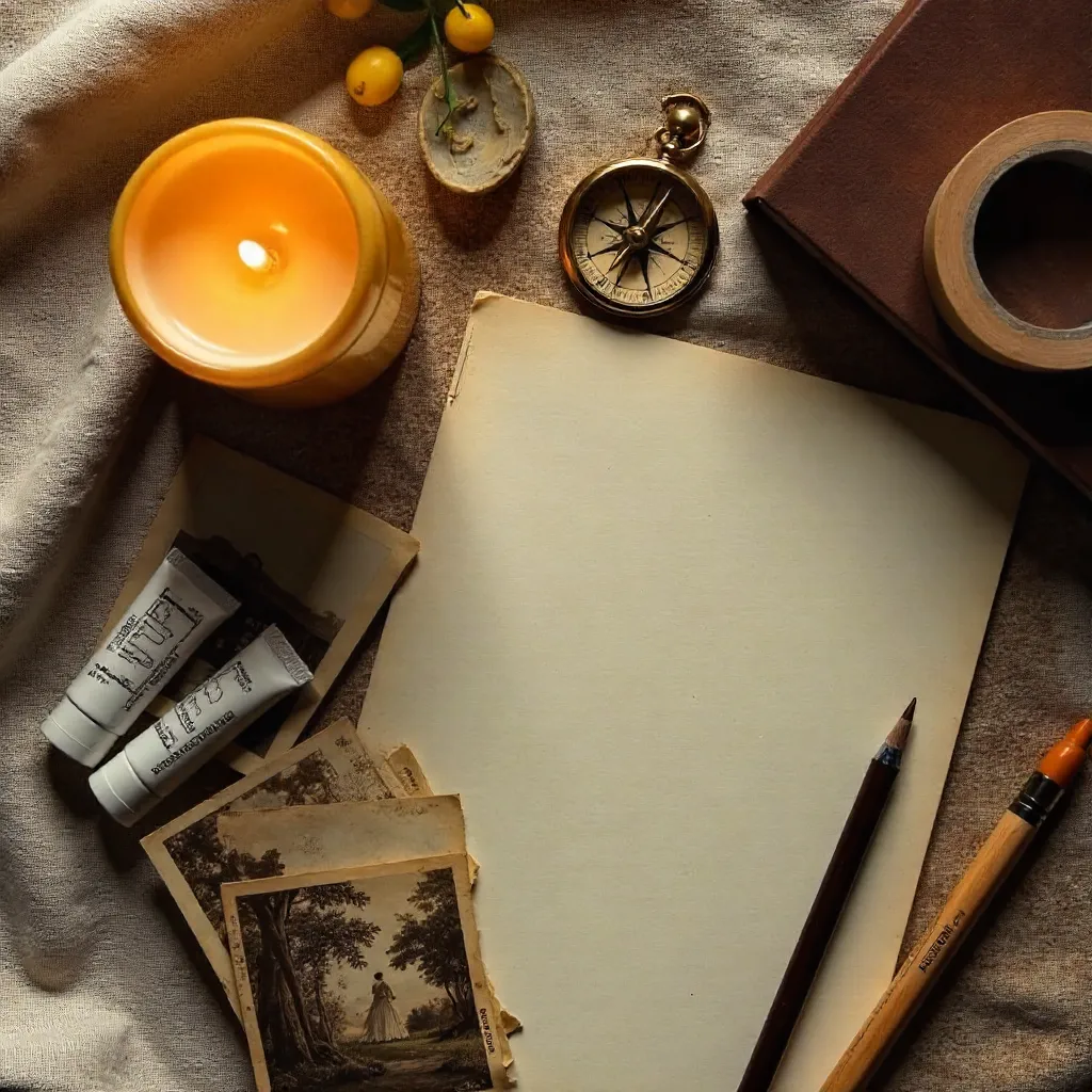 Warm Flat Lay: Candle, Compass, Photos, and Art Supplies