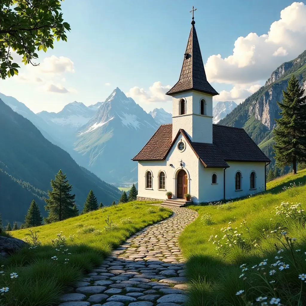 Alpine Church Amid Lush Hills and Peaks