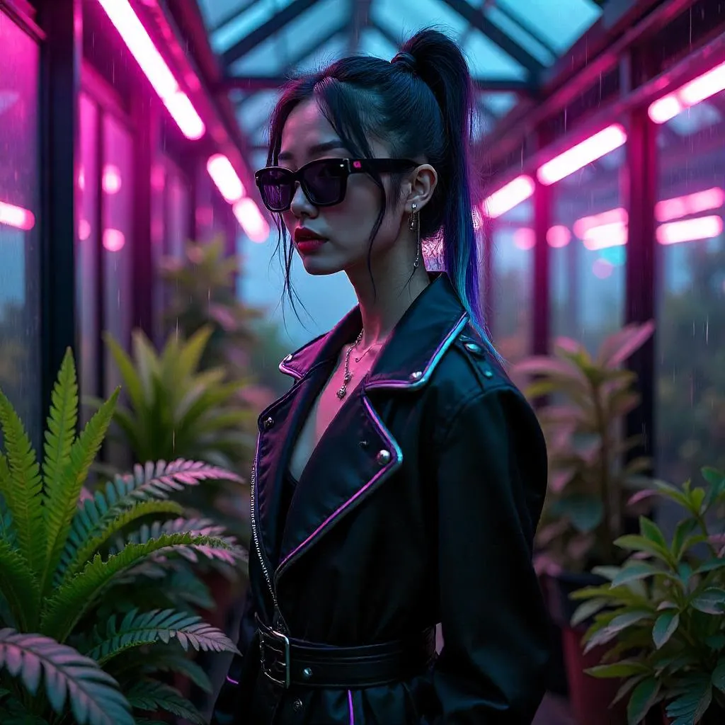 Neon Bloom: Cyberpunk Woman in Greenhouse