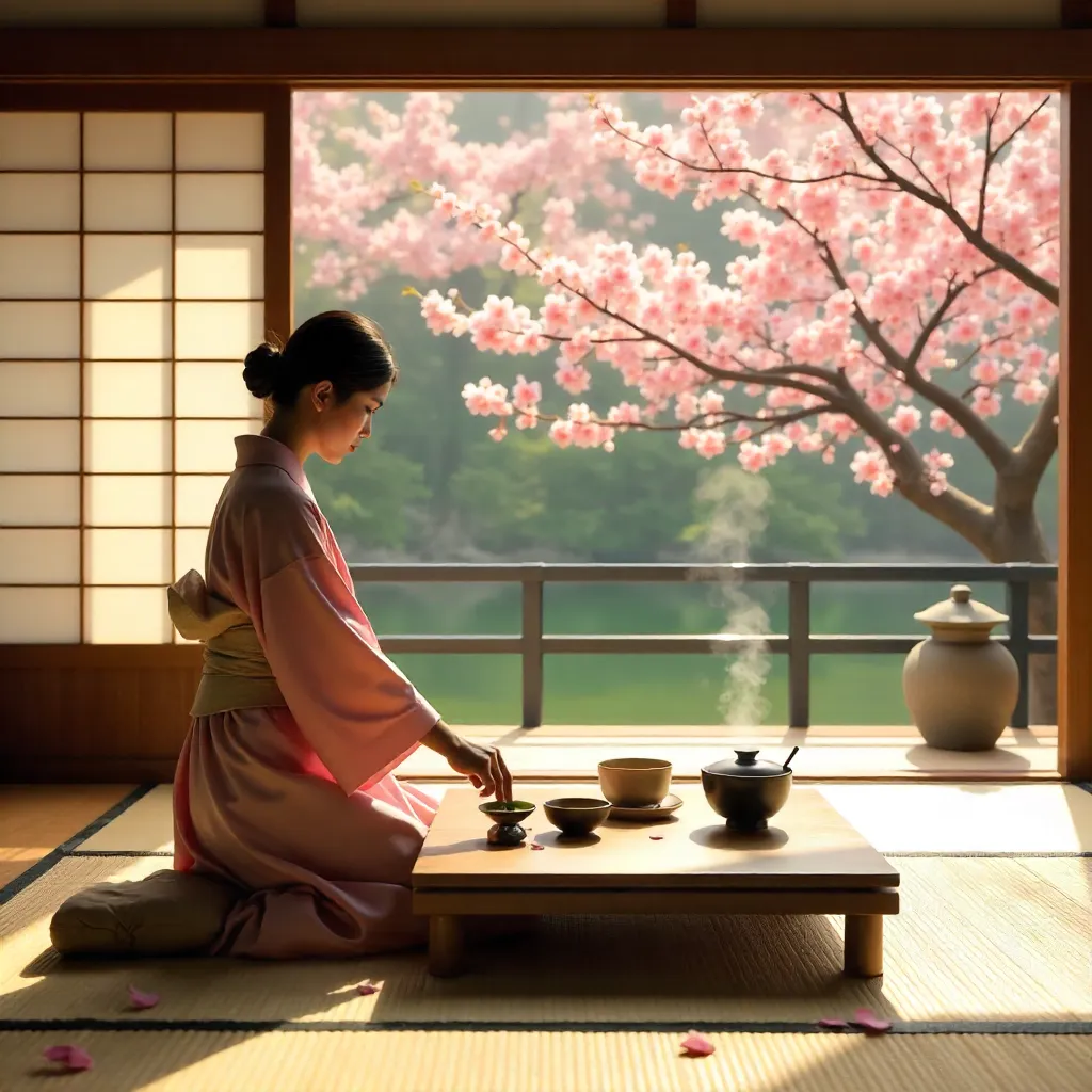 Serene Cherry Blossom Tea Ceremony in Spring
