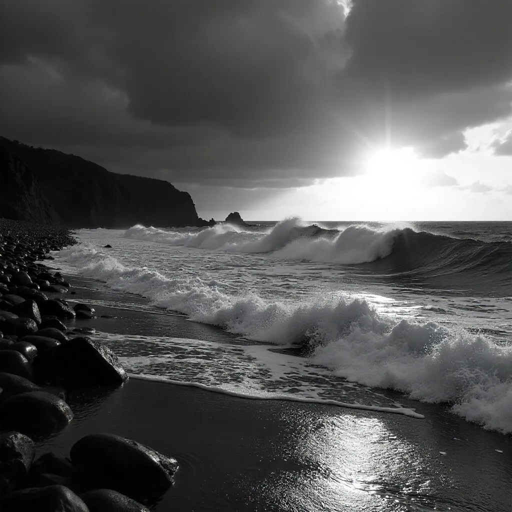 Monochrome Sunset: Dramatic Ocean Waves