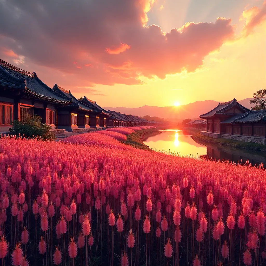 Sunset over Gyeongju: Pink Muhly and Hanok Serenity