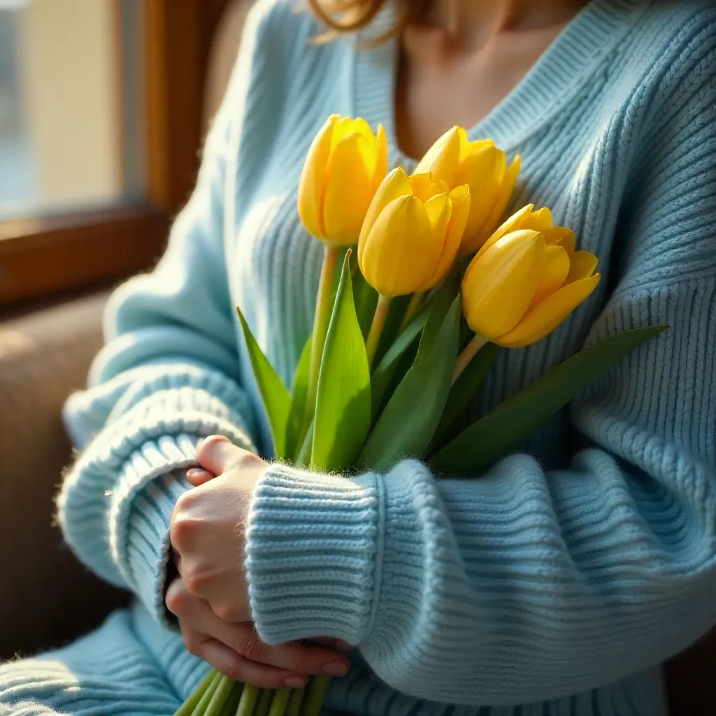 Cozy Blue Sweater with Tulips and a Letter