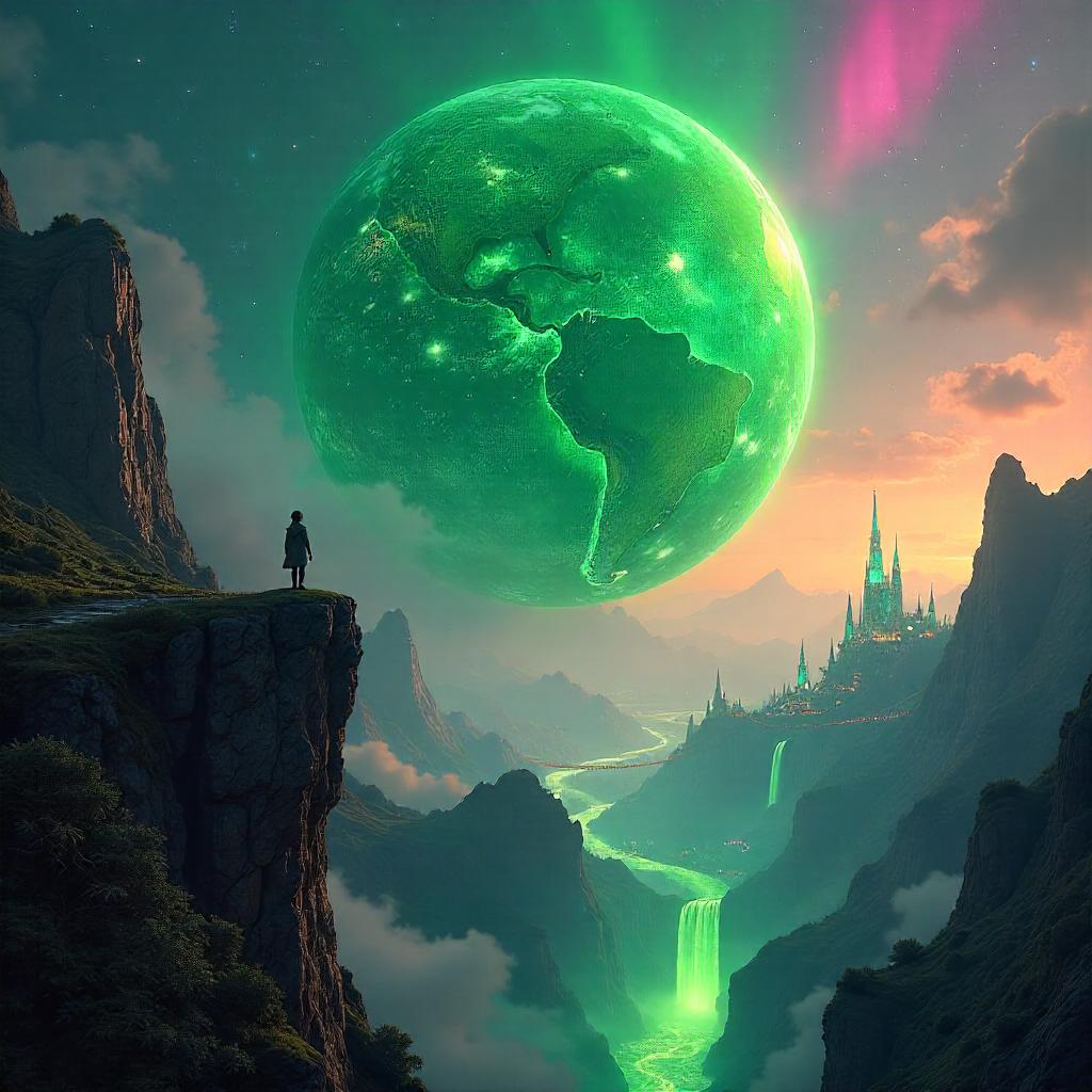 Planet of Glass and Aurora in a Magical Digital Realm