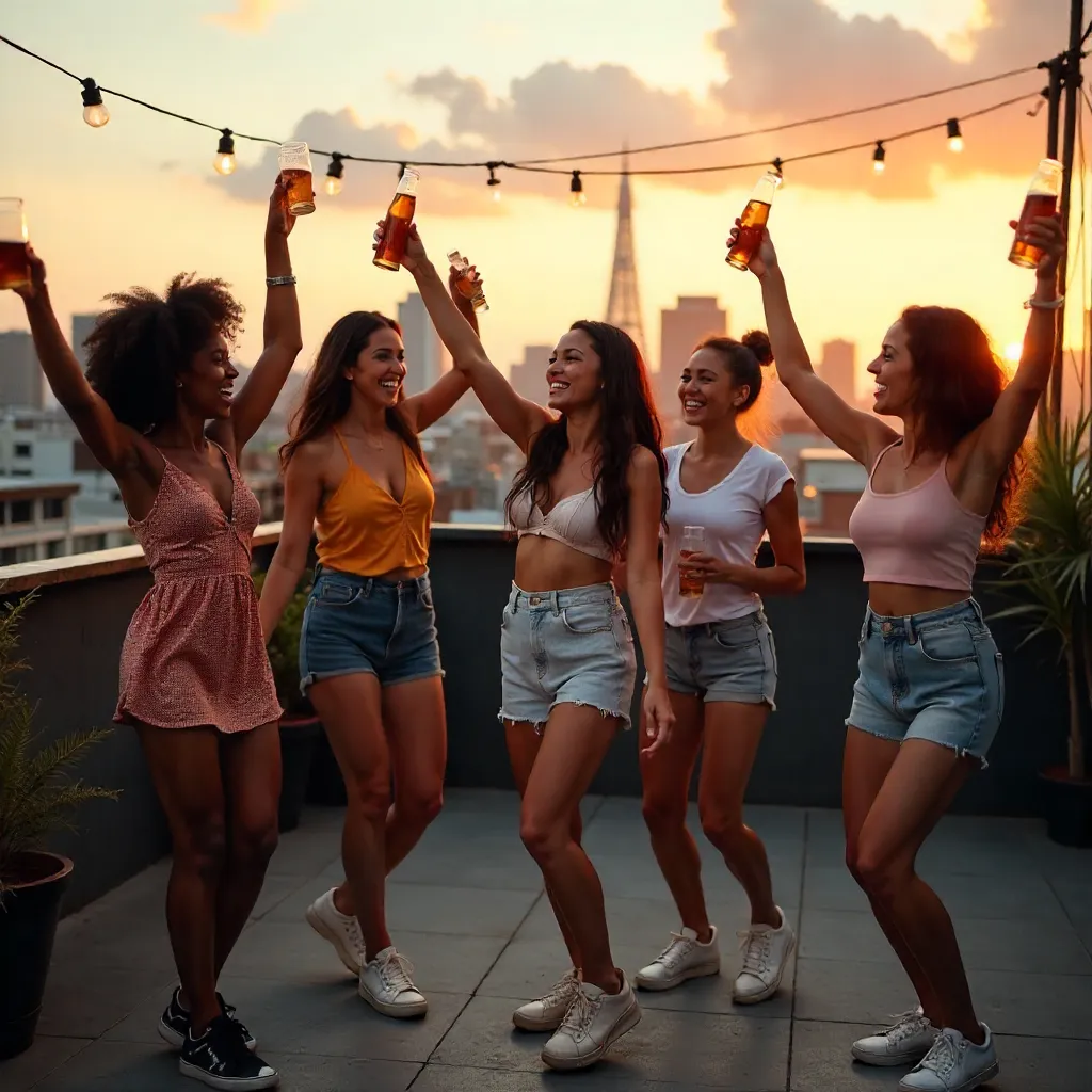 Rooftop Night: Diverse Friends Dancing and Drinking