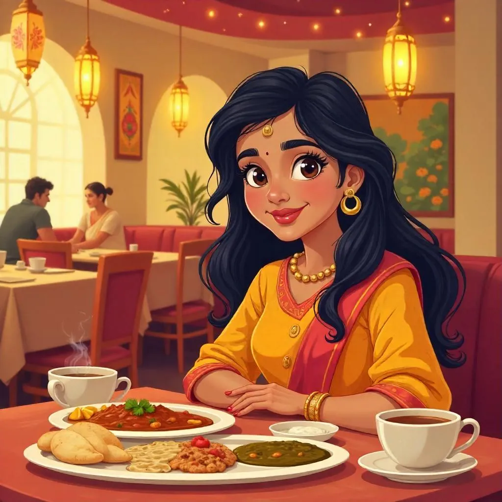Cheerful Indian Woman in a Cozy Restaurant
