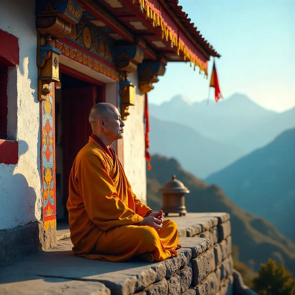 Serene Monk Meditating Outside a Vibrant Indian Monastery