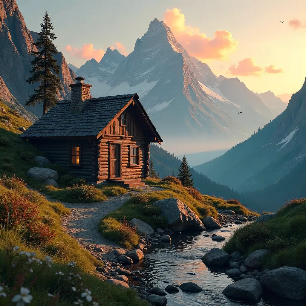 Lone Cabin Amid Golden Mountain Sunset