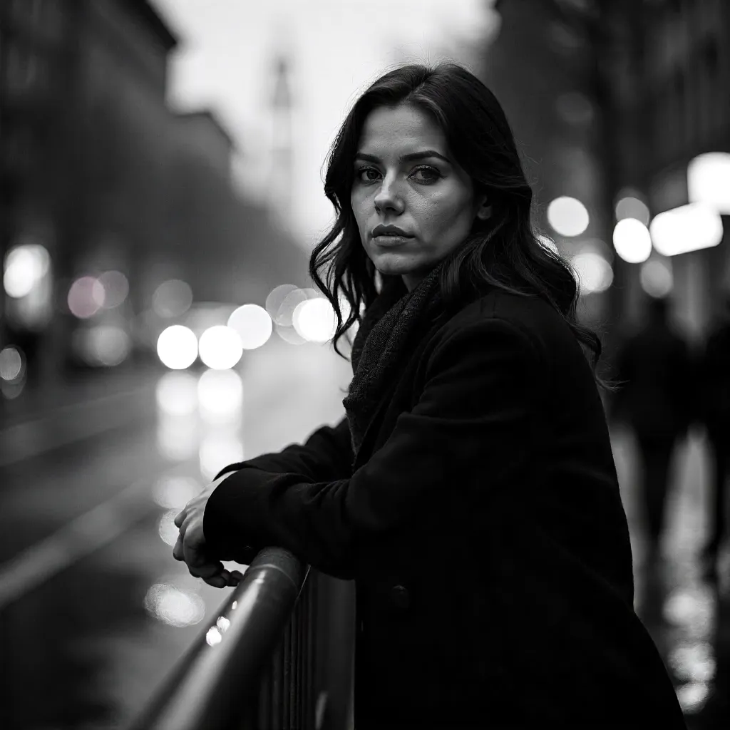 Monochrome City Portrait: Woman Leaning on a Railing