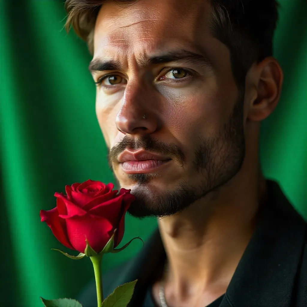 Close-Up Portrait: Man Holding a Red Rose Against Green Backdrop