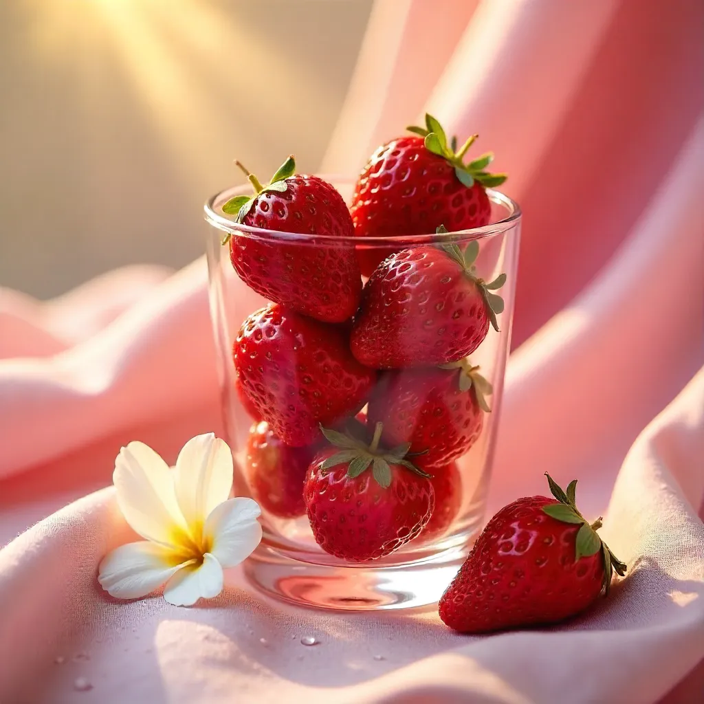 Sunlit Glass of Strawberries on Pink Fabric