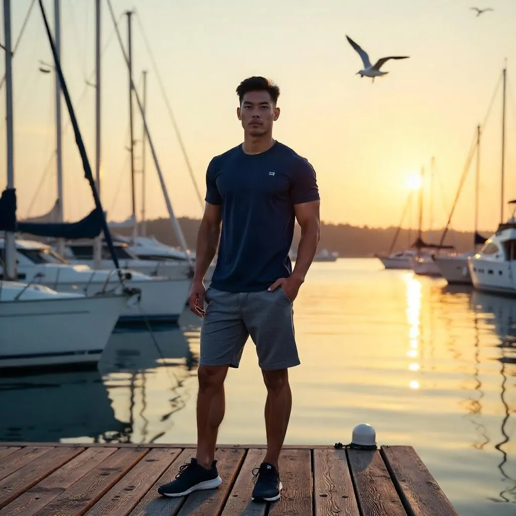 Athletic Asian Man at the Marina, Photorealistic