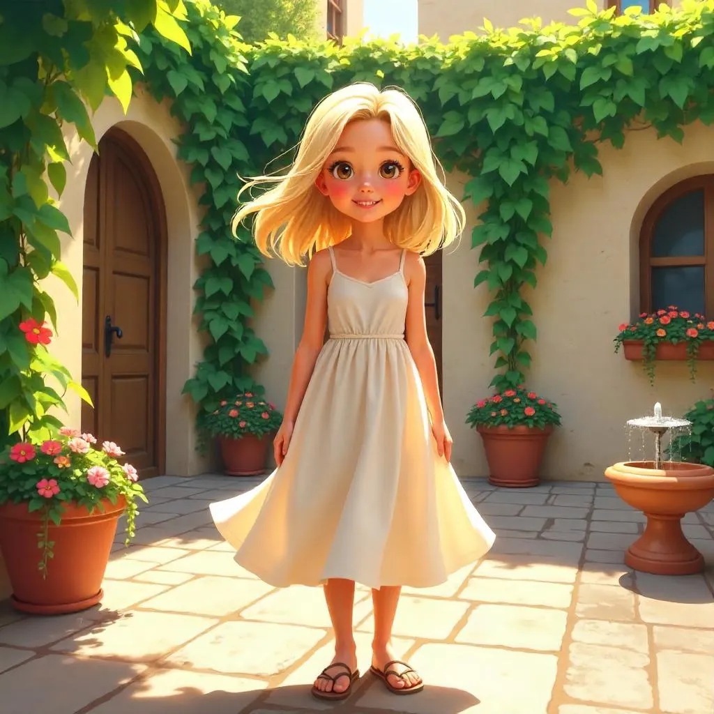 Cheerful White Girl in a Sunlit Courtyard