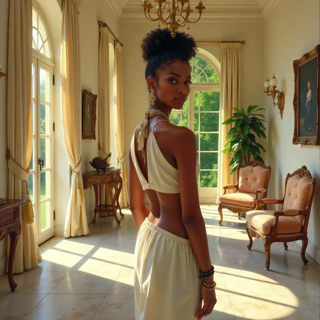 Stylish Black Girl in a Villa: Oil Portrait