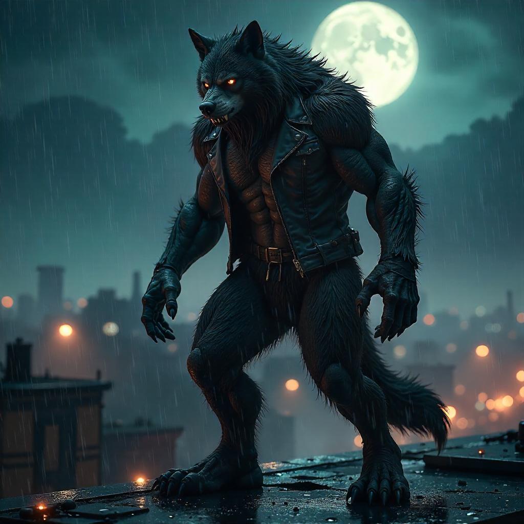 Moonlit Werewolf on a Rooftop - Photorealistic