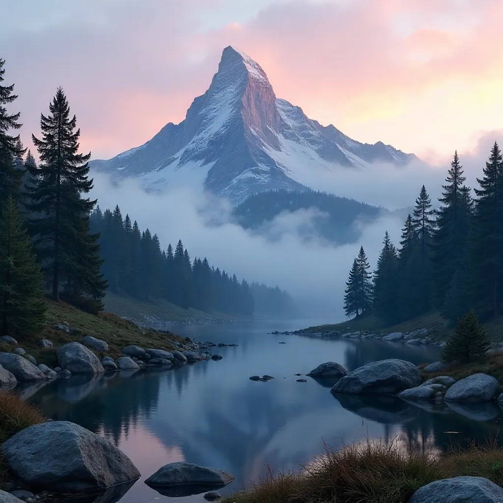 Serene Misty Peak: Pastel Sunrise Over Forest
