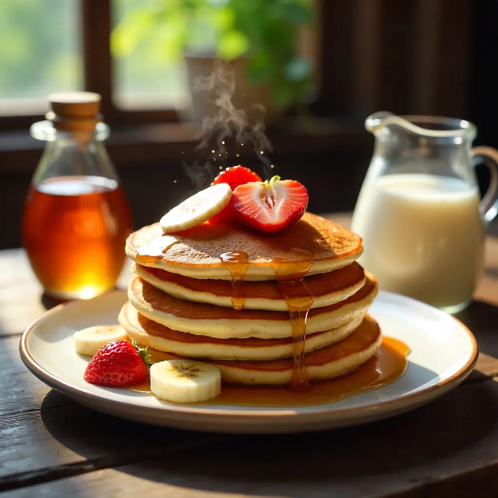Fluffy Pancakes with Strawberries, Bananas, Honey & Milk