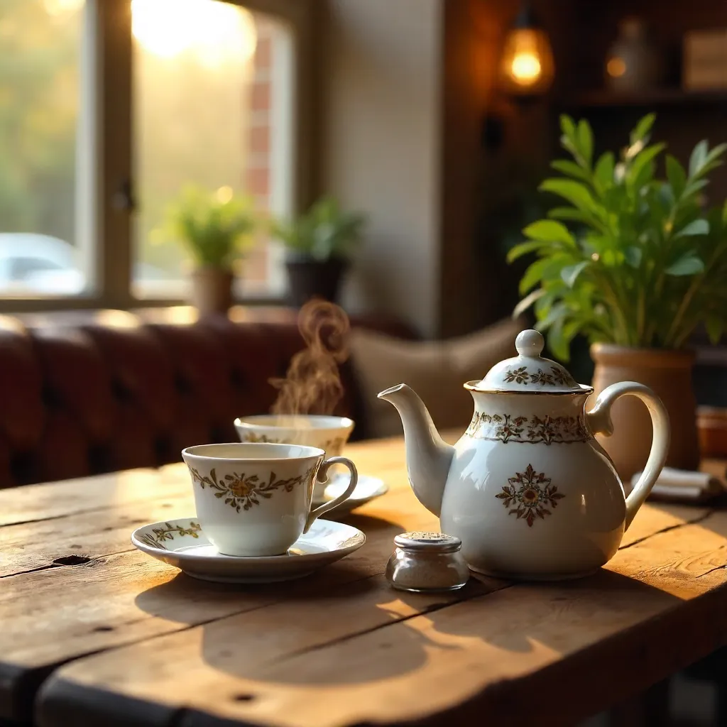 Cozy Café Tea Setup on Wood
