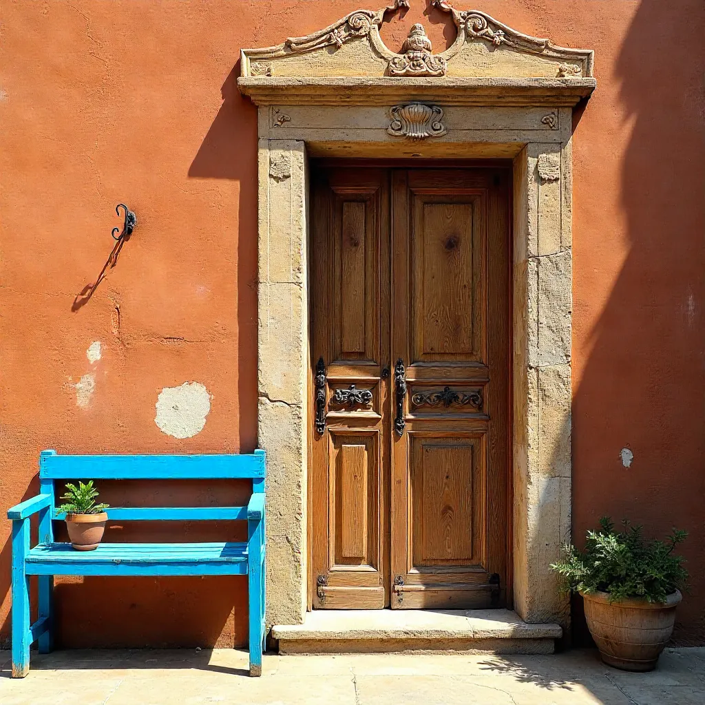 Charming Vintage Door on Terracotta Wall with Blue Bench